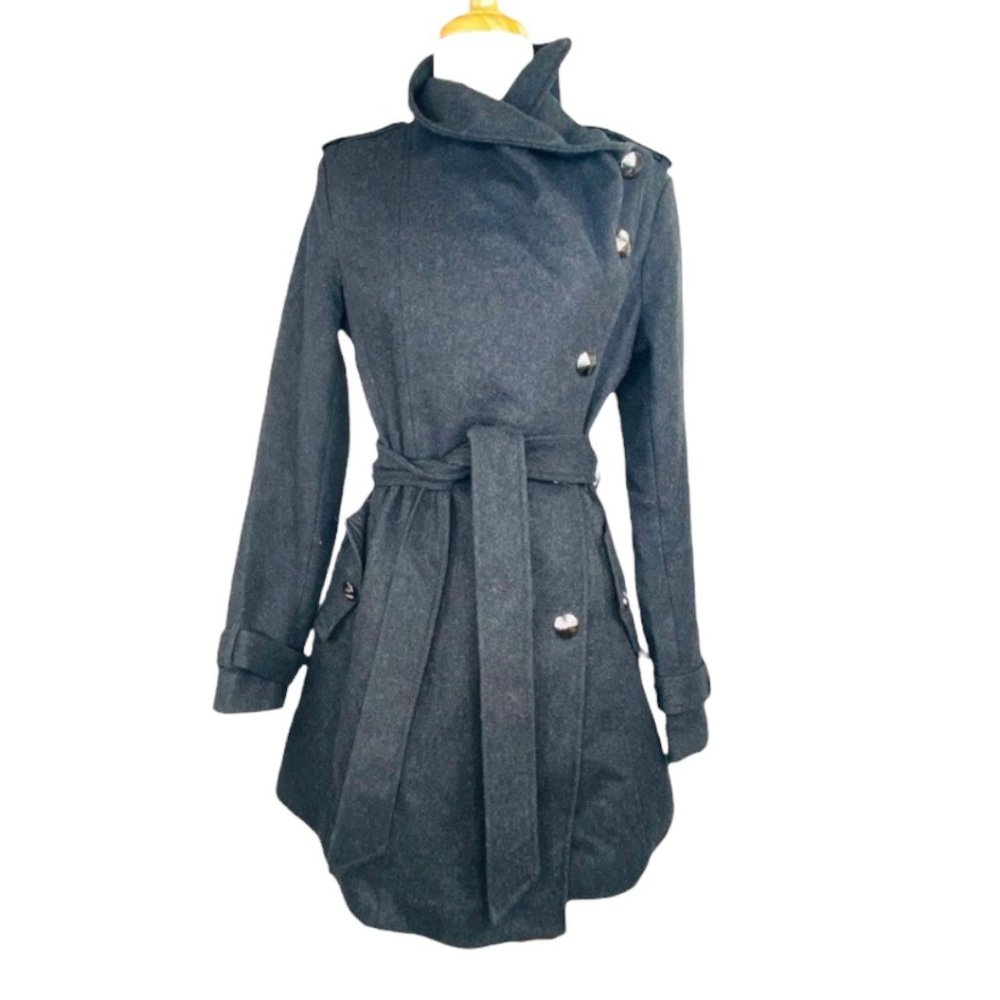 SAM EDELMAN Ladies Double Breasted Trench Wool Belted Flared Logo Buttons Gray - Picture 2 of 11